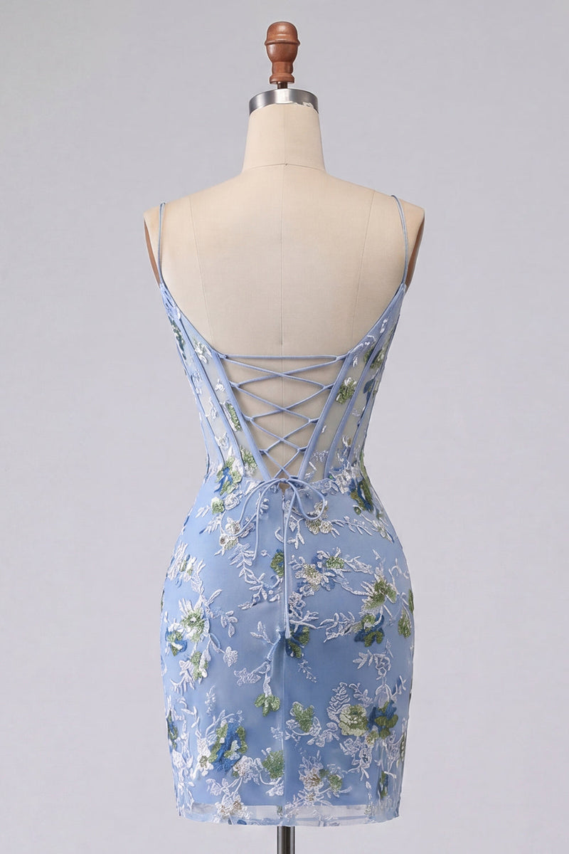 Load image into Gallery viewer, Blue Spaghetti Straps Floral Tight Short Corset Prom Dress