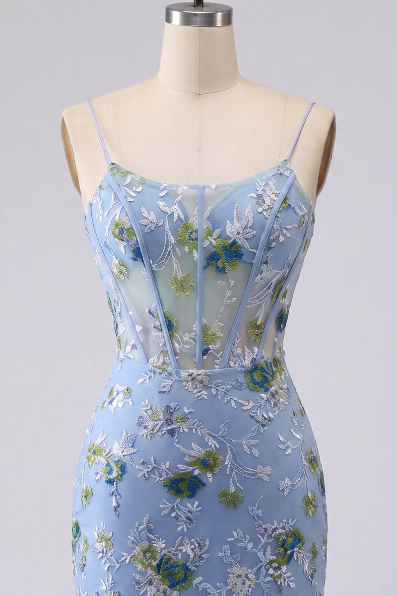 Load image into Gallery viewer, Blue Spaghetti Straps Floral Tight Short Corset Prom Dress