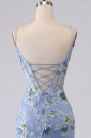 Load image into Gallery viewer, Blue Spaghetti Straps Floral Tight Short Corset Prom Dress