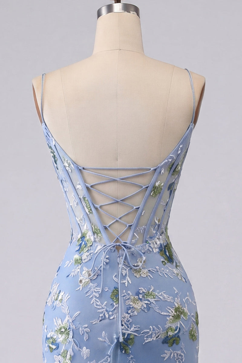 Load image into Gallery viewer, Blue Spaghetti Straps Floral Tight Short Corset Prom Dress
