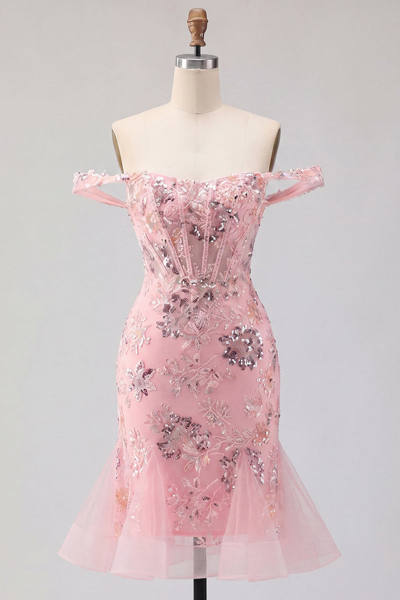 Load image into Gallery viewer, Sparkly Blush Floral Tight Corset Short Beaded Prom Dress