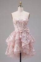Load image into Gallery viewer, Floral A Line Short Sweetheart Pink Corset Ruffled Prom Dress with Bow