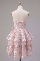 Load image into Gallery viewer, Floral A Line Short Sweetheart Pink Corset Ruffled Prom Dress with Bow