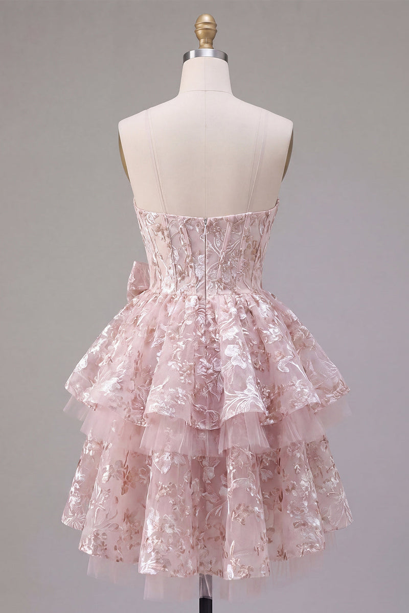 Load image into Gallery viewer, Floral A Line Short Sweetheart Pink Corset Ruffled Prom Dress with Bow