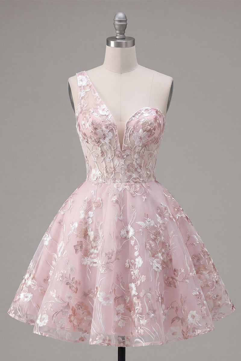 Load image into Gallery viewer, A Line Floral Short One Shoulder Pink Prom Dress