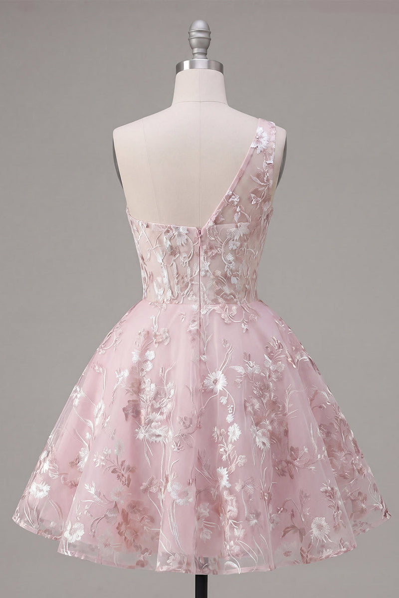 Load image into Gallery viewer, A Line Floral Short One Shoulder Pink Prom Dress