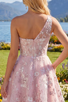 Load image into Gallery viewer, A Line Floral Short One Shoulder Pink Prom Dress