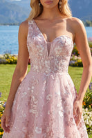 Load image into Gallery viewer, A Line Floral Short One Shoulder Pink Prom Dress