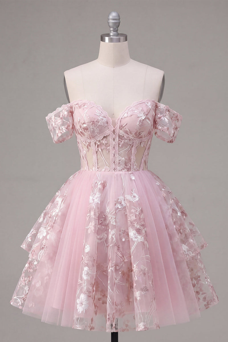 Load image into Gallery viewer, A Line Floral Off The Shoulder Short Pink Corset Prom Dress
