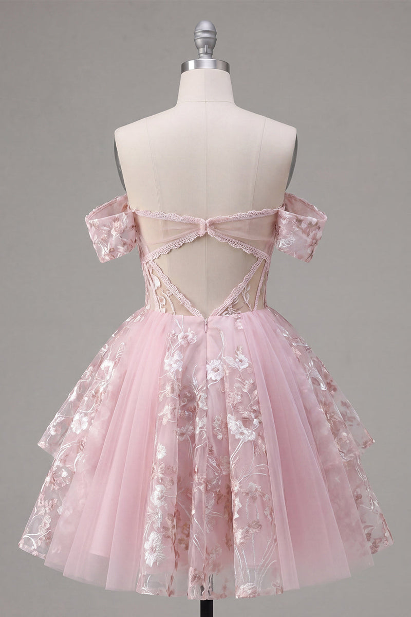 Load image into Gallery viewer, A Line Floral Off The Shoulder Short Pink Corset Prom Dress