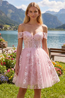 Load image into Gallery viewer, A Line Floral Off The Shoulder Short Pink Corset Prom Dress