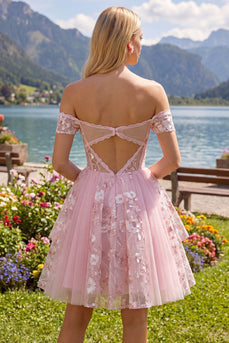A Line Floral Off The Shoulder Short Pink Corset Prom Dress
