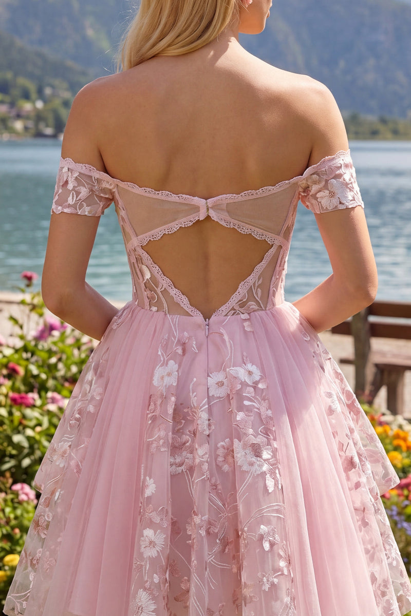 Load image into Gallery viewer, A Line Floral Off The Shoulder Short Pink Corset Prom Dress