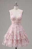 Load image into Gallery viewer, Pink A Line V-Neck Short Floral Ruched Tiered Ruffled Prom Dress