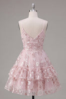 Load image into Gallery viewer, Pink A Line V-Neck Short Floral Ruched Tiered Ruffled Prom Dress