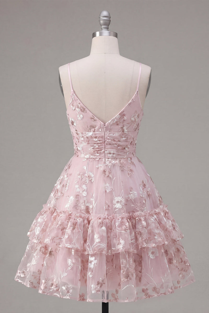 Load image into Gallery viewer, Pink A Line V-Neck Short Floral Ruched Tiered Ruffled Prom Dress