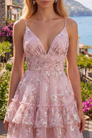 Load image into Gallery viewer, Pink A Line V-Neck Short Floral Ruched Tiered Ruffled Prom Dress