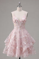 Load image into Gallery viewer, A Line V-Neck Floral Short Pink Cut Out Ruffled Corset Prom Dress