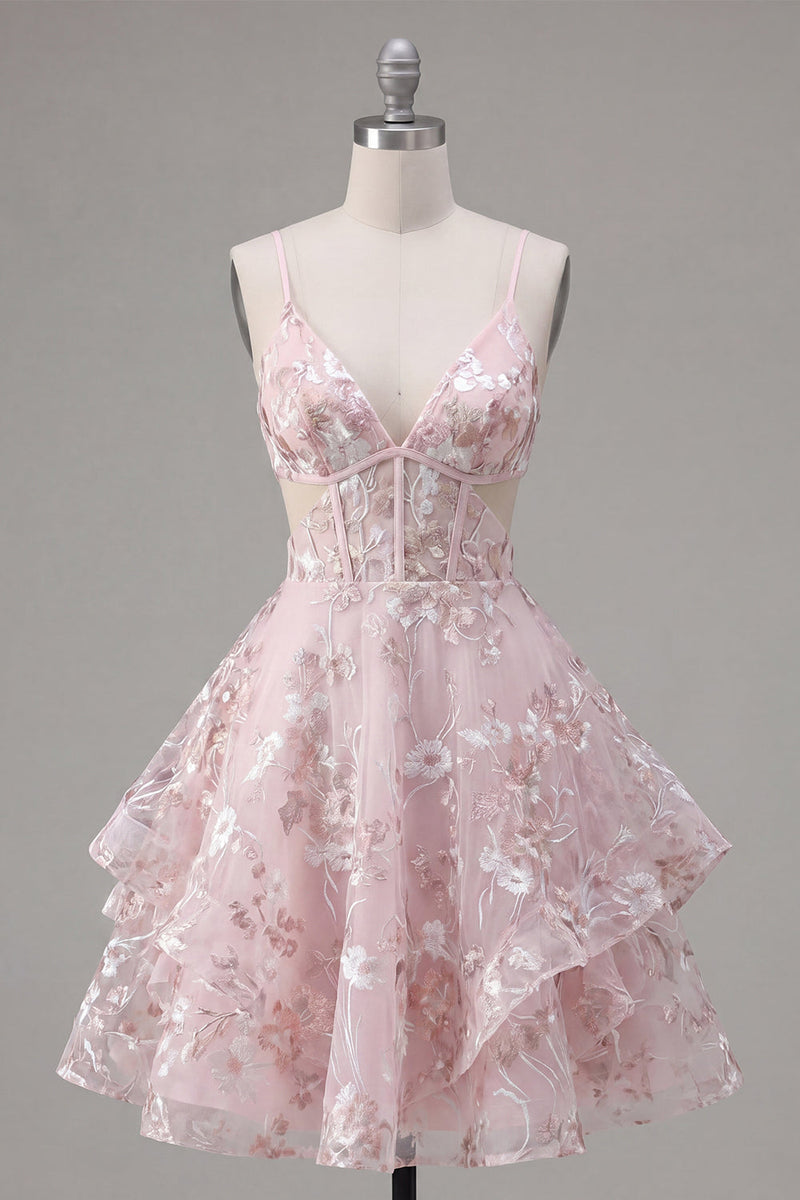 Load image into Gallery viewer, A Line V-Neck Floral Short Pink Cut Out Ruffled Corset Prom Dress
