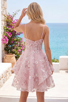 Load image into Gallery viewer, A Line V-Neck Floral Short Pink Cut Out Ruffled Corset Prom Dress
