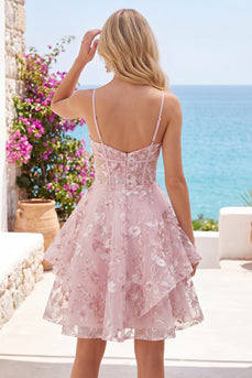 A Line V-Neck Floral Short Pink Cut Out Ruffled Corset Prom Dress