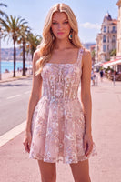 Load image into Gallery viewer, Floral A Line Pink Square Neck Short Corset Prom Dress