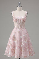 Load image into Gallery viewer, Floral A Line Pink Square Neck Short Corset Prom Dress