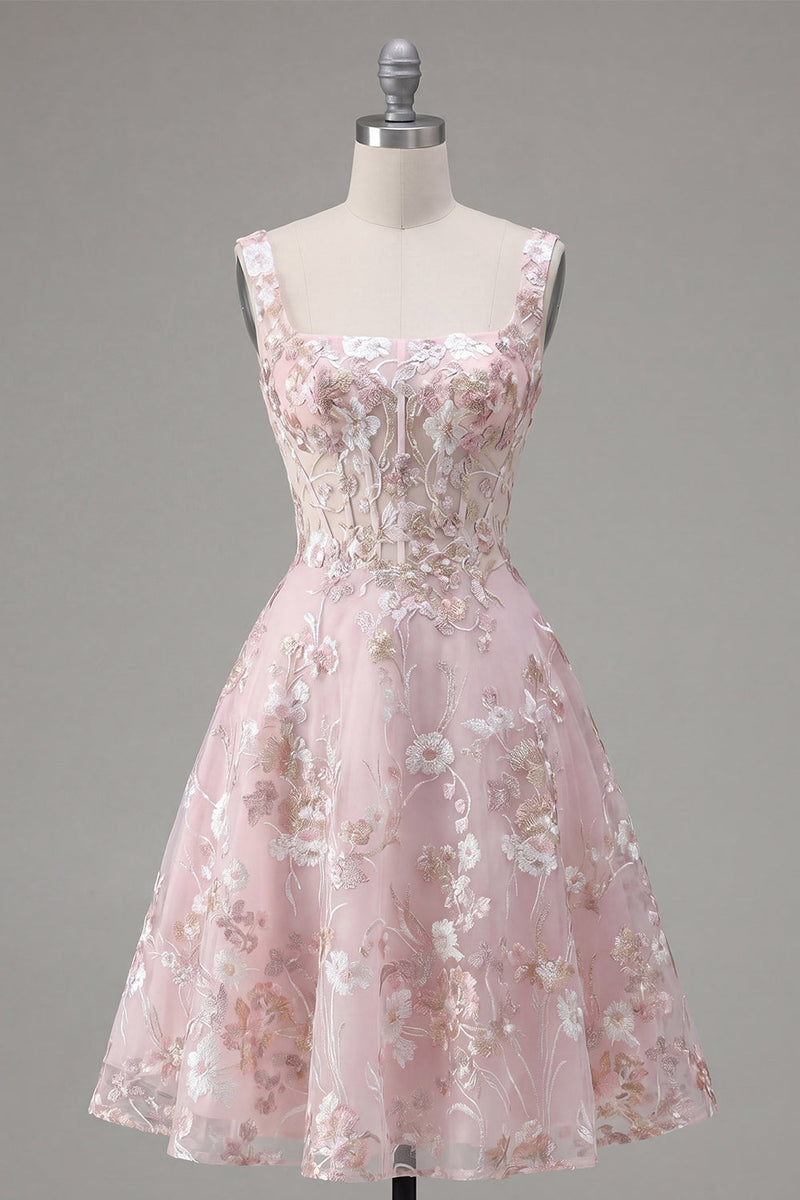 Load image into Gallery viewer, Floral A Line Pink Square Neck Short Corset Prom Dress