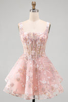 Load image into Gallery viewer, Floral A Line Pink Square Neck Short Corset Prom Dress