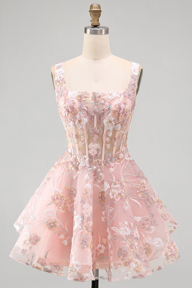Load image into Gallery viewer, Floral A Line Pink Square Neck Short Corset Prom Dress