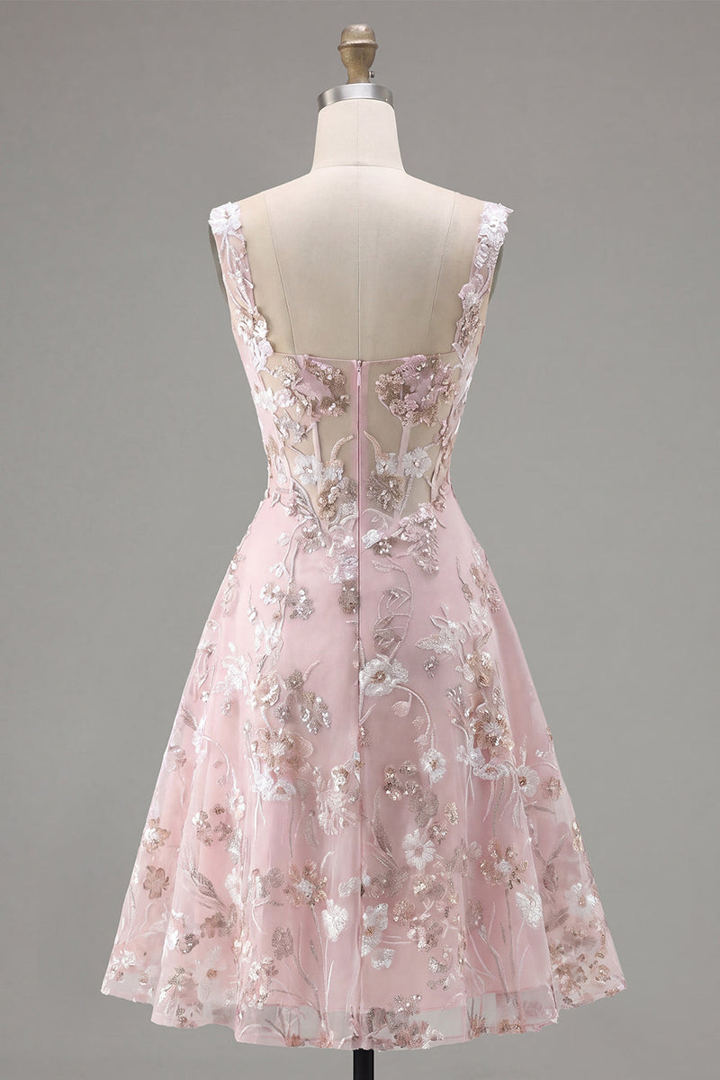 Load image into Gallery viewer, Floral A Line Pink Square Neck Short Corset Prom Dress