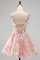 Load image into Gallery viewer, Floral A Line Pink Square Neck Short Corset Prom Dress