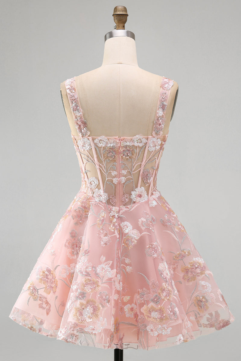Load image into Gallery viewer, Floral A Line Pink Square Neck Short Corset Prom Dress