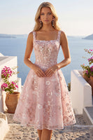 Load image into Gallery viewer, Floral A Line Pink Square Neck Short Corset Prom Dress
