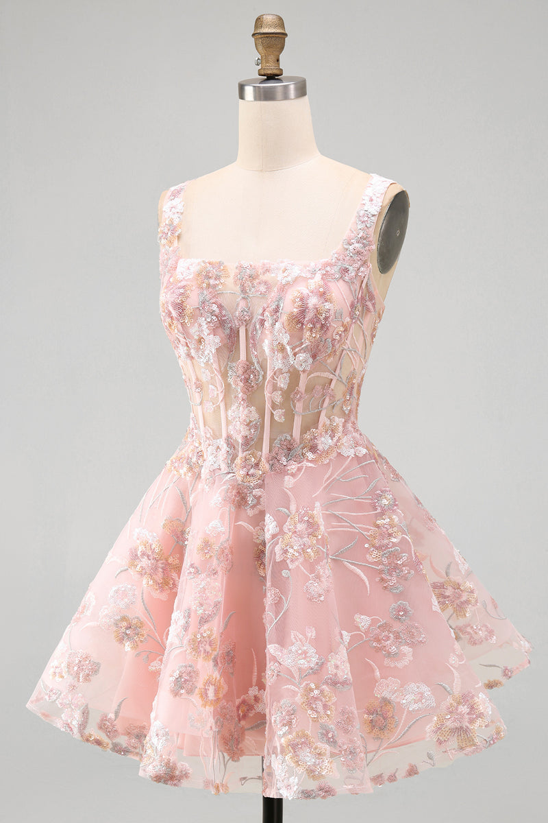Load image into Gallery viewer, Floral A Line Pink Square Neck Short Corset Prom Dress