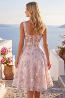 Load image into Gallery viewer, Floral A Line Pink Square Neck Short Corset Prom Dress