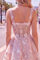 Load image into Gallery viewer, Floral A Line Pink Square Neck Short Corset Prom Dress