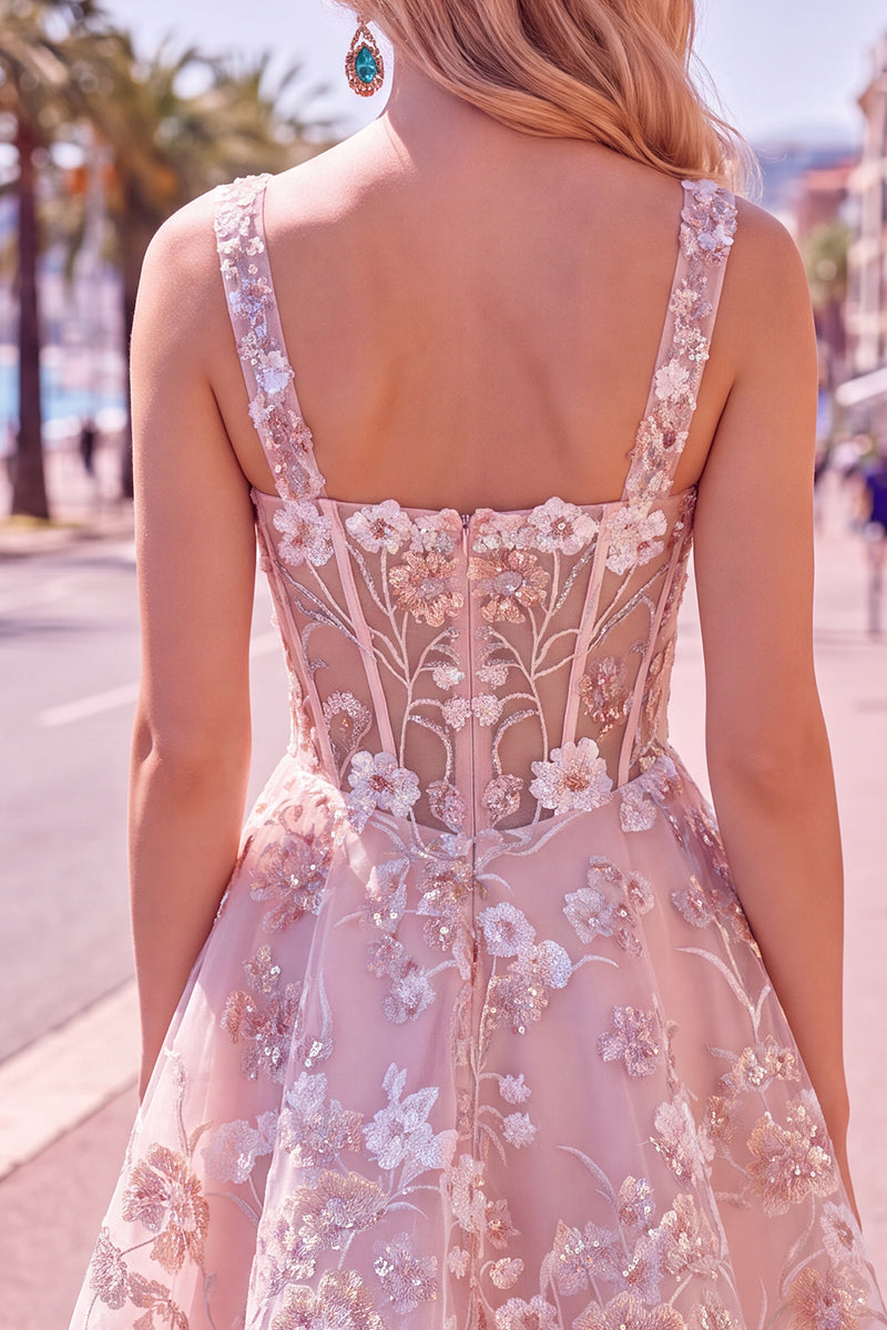 Load image into Gallery viewer, Floral A Line Pink Square Neck Short Corset Prom Dress