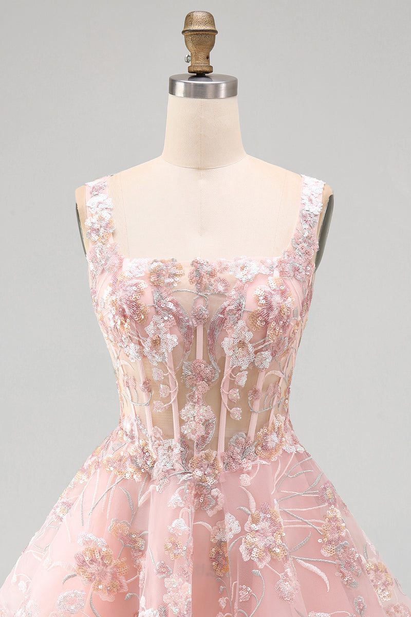 Load image into Gallery viewer, Floral A Line Pink Square Neck Short Corset Prom Dress