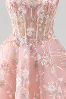 Load image into Gallery viewer, Floral A Line Pink Square Neck Short Corset Prom Dress