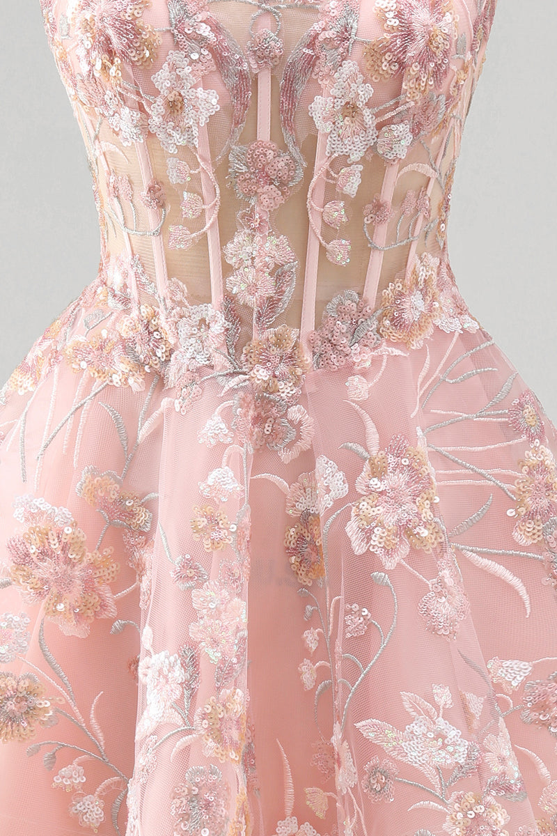 Load image into Gallery viewer, Floral A Line Pink Square Neck Short Corset Prom Dress