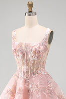 Load image into Gallery viewer, Floral A Line Pink Square Neck Short Corset Prom Dress
