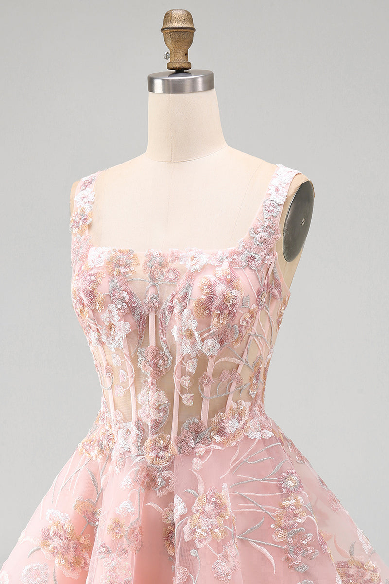Load image into Gallery viewer, Floral A Line Pink Square Neck Short Corset Prom Dress
