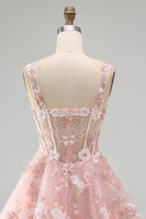 Load image into Gallery viewer, Floral A Line Pink Square Neck Short Corset Prom Dress