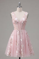 Load image into Gallery viewer, Floral V-Neck Pink A Line Short Corset Prom Dress