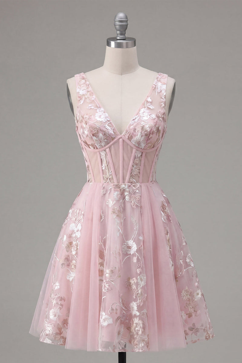 Load image into Gallery viewer, Floral V-Neck Pink A Line Short Corset Prom Dress