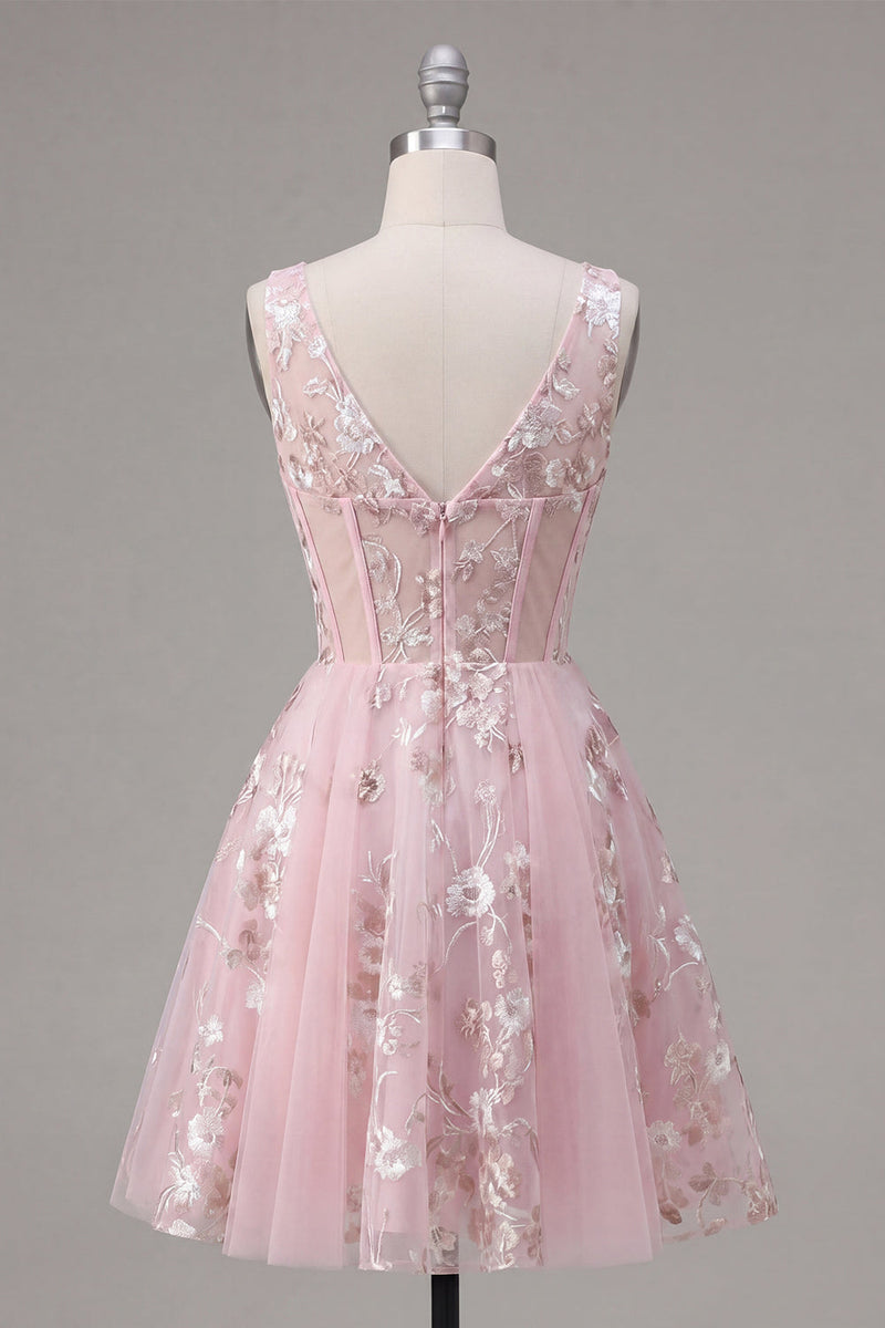Load image into Gallery viewer, Floral V-Neck Pink A Line Short Corset Prom Dress
