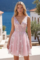 Load image into Gallery viewer, Floral V-Neck Pink A Line Short Corset Prom Dress