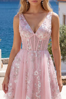 Load image into Gallery viewer, Floral V-Neck Pink A Line Short Corset Prom Dress