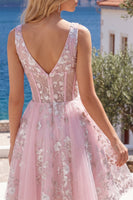 Load image into Gallery viewer, Floral V-Neck Pink A Line Short Corset Prom Dress